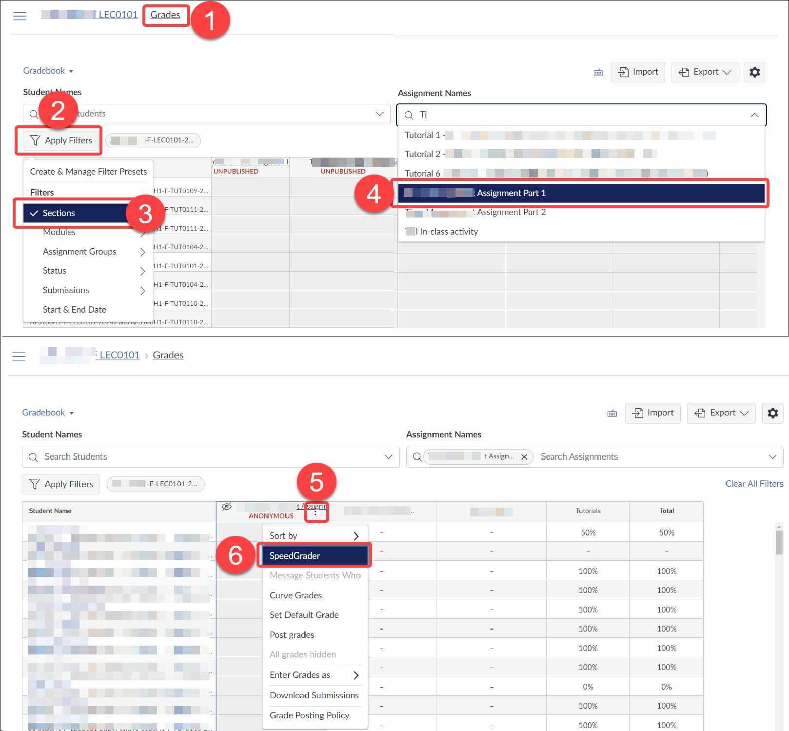 Screenshot of Quercus Gradebook interface showing steps to filter Gradebook and open SpeedGrader