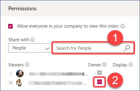MS Stream (Classic) user interfaces showing permissions tab with options for adding individual viewers and assigning them owner status