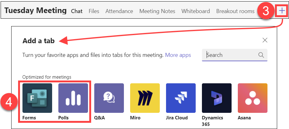 MS Teams Meetings Add App Option with Polls and Forms apps highlighted