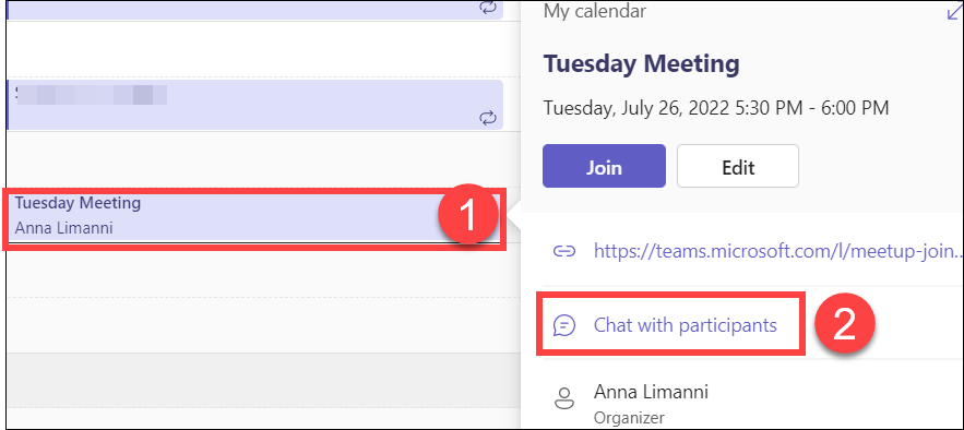 Meeting title (Tuesday Meeting) selected from MS Teams Calendar highlighting Chat with Participants option