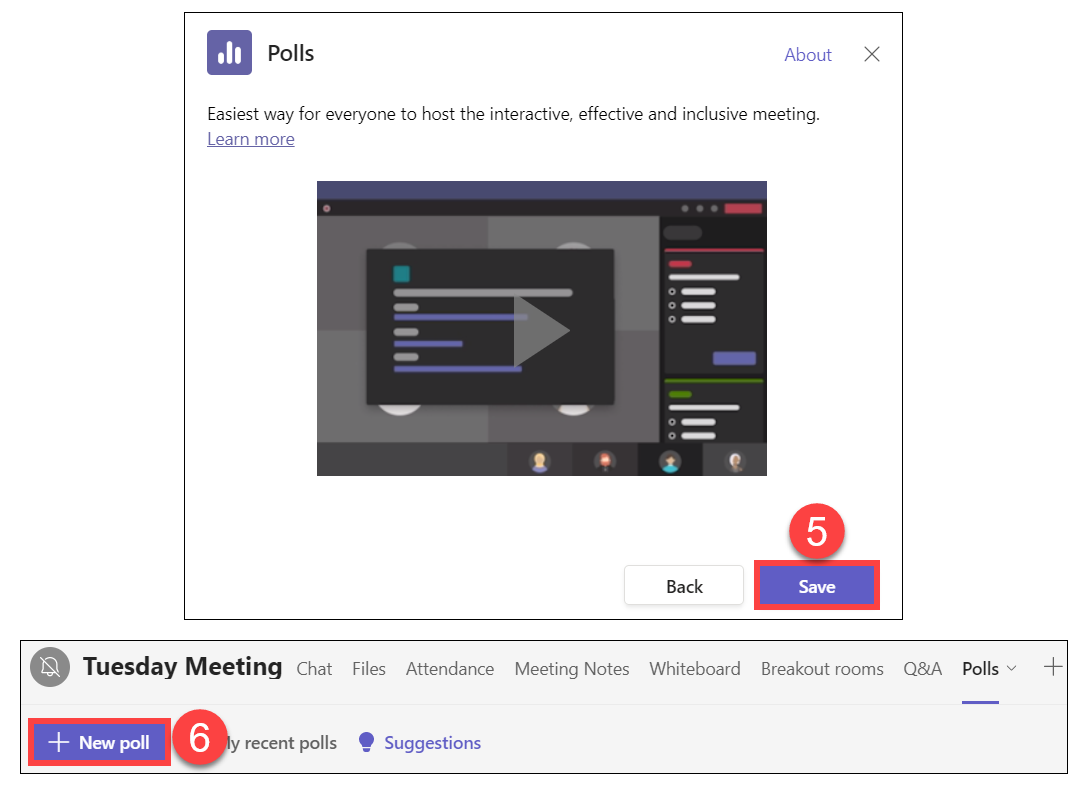 Interface for saving Polls app to MS Teams Meeting and for Adding New Poll