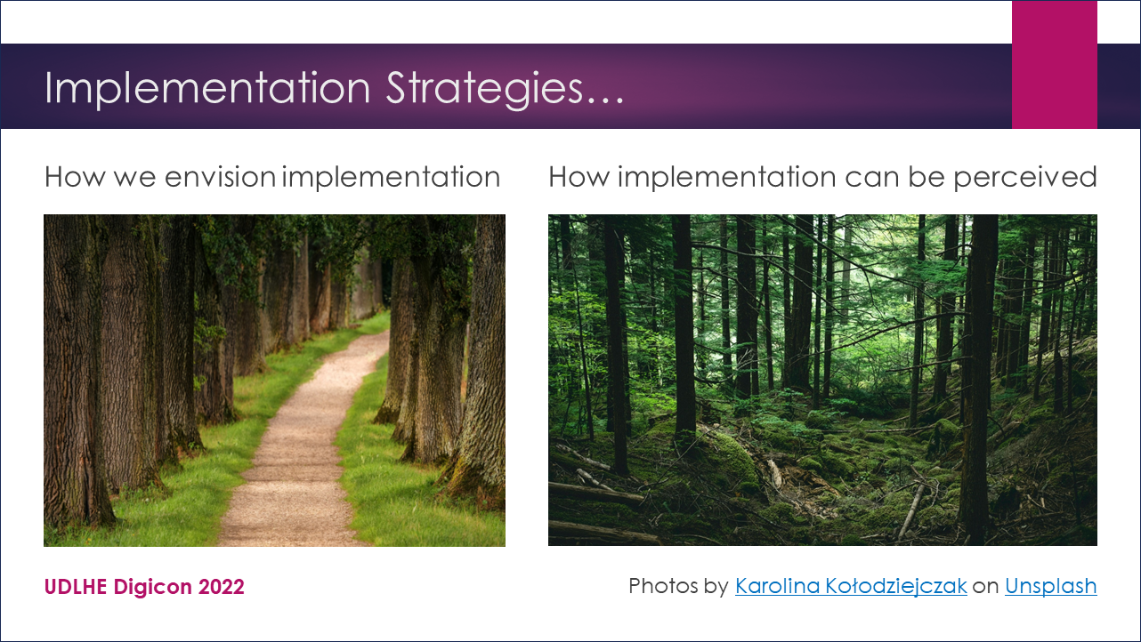 PowerPoint slide titled Implementation Strategies. The body of the slide includes two images of a forest (both photos are by Karolina Kołodziejczak on Unsplash). The image on the left shows a clear pathway through a forest with the caption “How we envision implementation”. The image on the right shows a forest with no clear pathway through it, its caption reads “How implementation can be perceived”.