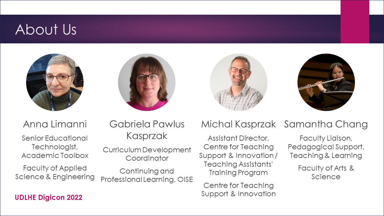 PowerPoint Slide with headshots and job titles of session presenters, from left to right: Anna Limanni, Gabriela Pawlus Kasprzak, Michal Kasprzak, and Samantha Chang