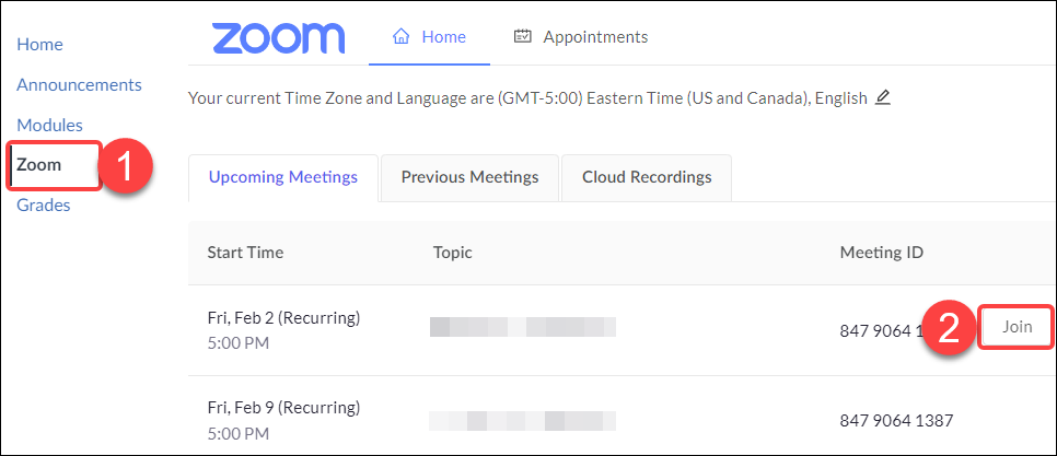 Screenshot of Zoom-Quercus integration student-view interface showing steps to join a recurring meeting