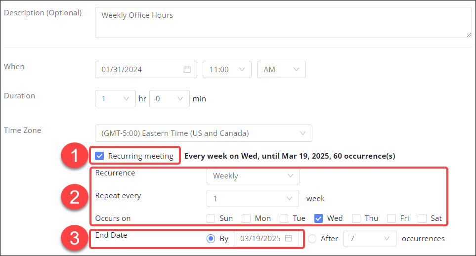 Screenshot of Zoom Schedule Meeting interface showing steps to schedule recurring meeting with more than 20 occurrences 