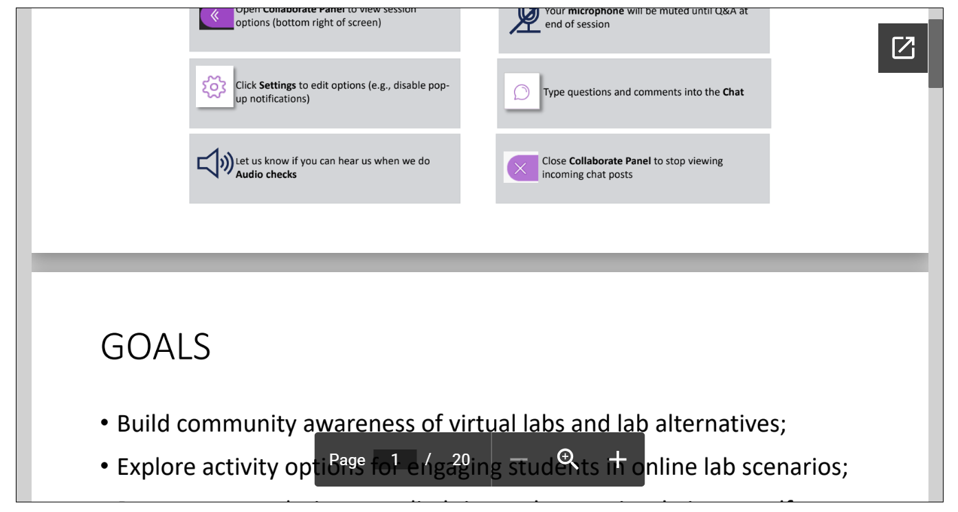 Screenshot of an online teaching resource with a focus on virtual labs. The top portion of the image displays icons representing various functions such as settings, audio checks, chat, and session options. Below this is a section titled 'GOALS' in bold, followed by bullet points outlining the objectives: 'Build community awareness of virtual labs and lab alternatives' and 'Explore activity options for engaging students in online lab scenarios'. The bottom of the image shows an interface navigation bar with 'Page 1 / 20' indicating a multipage document