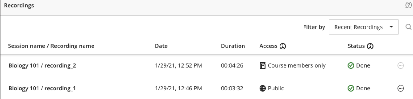 Screenshot of new icons for the privacy status of recordings in BB Collaborate