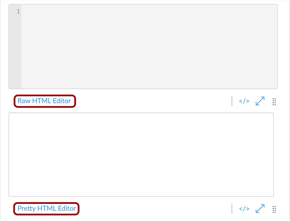 Screenshot of the Rich Content Editor showing the difference between a pretty HTML editor in and the raw HTML editor