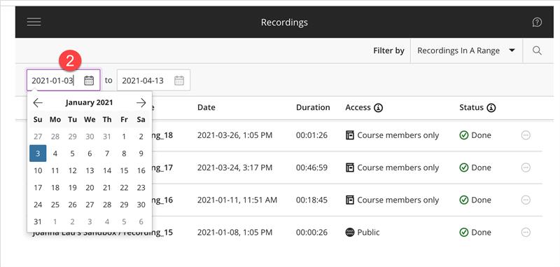 Screenshot of how to select a date range from the calendar to see your recordings.