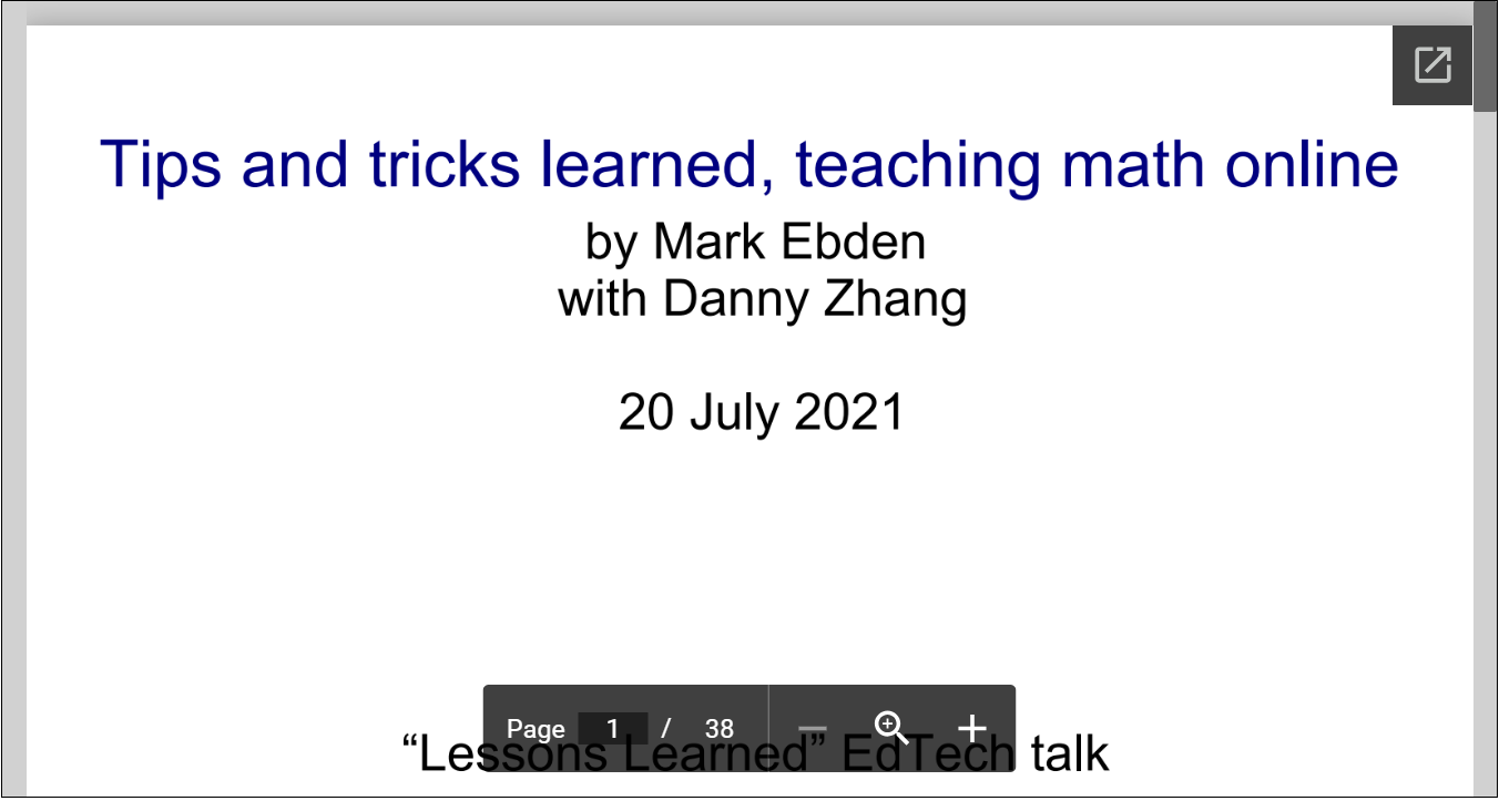 The image displays the title slide of a presentation titled "Tips and tricks learned, teaching math online" by Mark Ebden with Danny Zhang