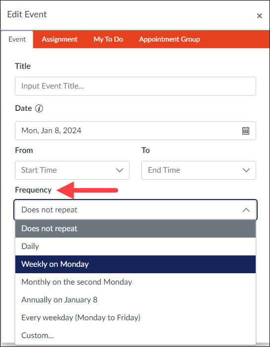 QuercusCalendar_RecurringEvent Screenshot of the Quercus Calendar Edit Event Modal highlighting the Frequency drop down menu