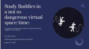 Promotional image with text detailing a program for creating peer mentors titled 'Study Buddies in a not so dangerous virtual space/time' by Prof. Elham Marzi, dated August 19th, 2020, set against a dark blue background with a whimsical illustration of two cartoon astronauts connected by a tether in space
