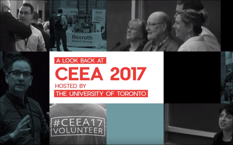 Cover image with a collage with monochromatic images from the CEEA 2017 event featuring attendees and a volunteer, with a central text overlay announcing "A Look Back at CEEA 2017" hosted by the University of Toronto.