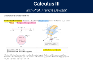 The image is a lecture slide titled "Calculus III with Prof. Francis Dawson", discussing the 'Multivariable Limit Definition'. It includes mathematical expressions, diagrams illustrating the concept of limits in one and two variables, and a 3D graph showing the limit as a function of two variables.