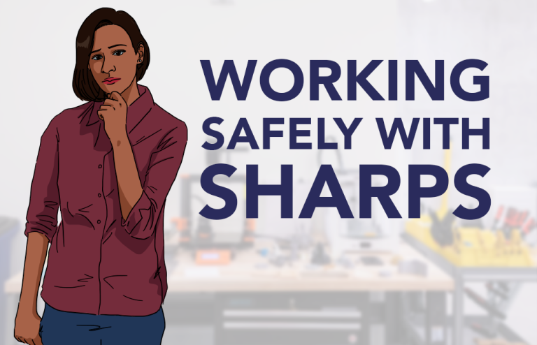 The image is a poster with the title "WORKING SAFELY WITH SHARPS" featuring an illustration of a thoughtful woman in a maroon shirt, with a blurred background suggestive of a workshop or laboratory setting.