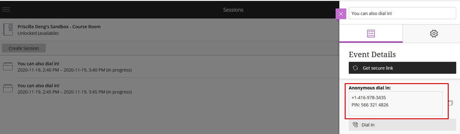 callIn Image depicting how to call in suing the session settings panel
