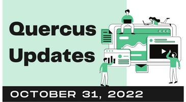 A graphic featuring the text "Quercus Updates" in large letters with small, stylized human figures engaging with various digital tasks and the date "October 31, 2022" below.