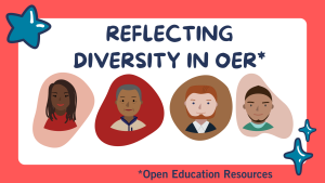 A colorful banner with the text "REFLECTING DIVERSITY IN OER" (Open Education Resources) surrounded by illustrations of diverse individuals.