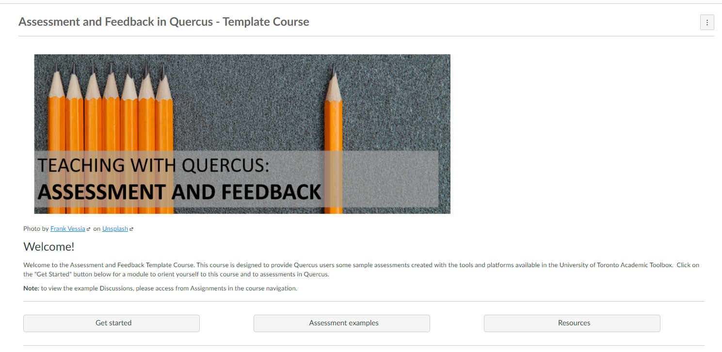 AssesmentsQuercus Screenshot of template for the Assessment and Feedback page for a course on Quercus.