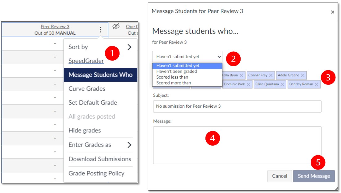 Inbox Image depicting how to use the Quercus inbox and select to send messages to certain students.