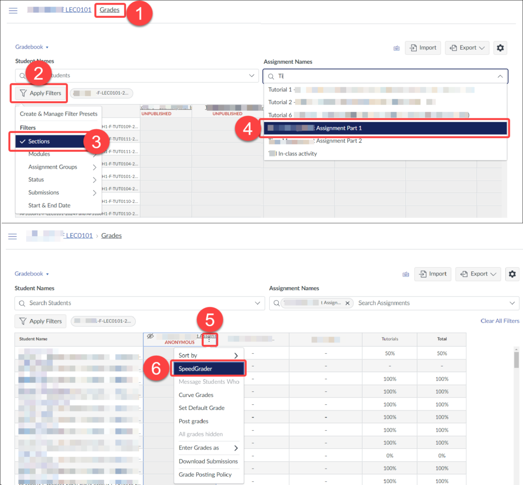 Screenshot of Quercus Gradebook interface showing steps to filter Gradebook and open SpeedGrader