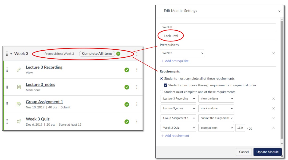 prereq Image depicting how to make course content more sequential by adding release dates