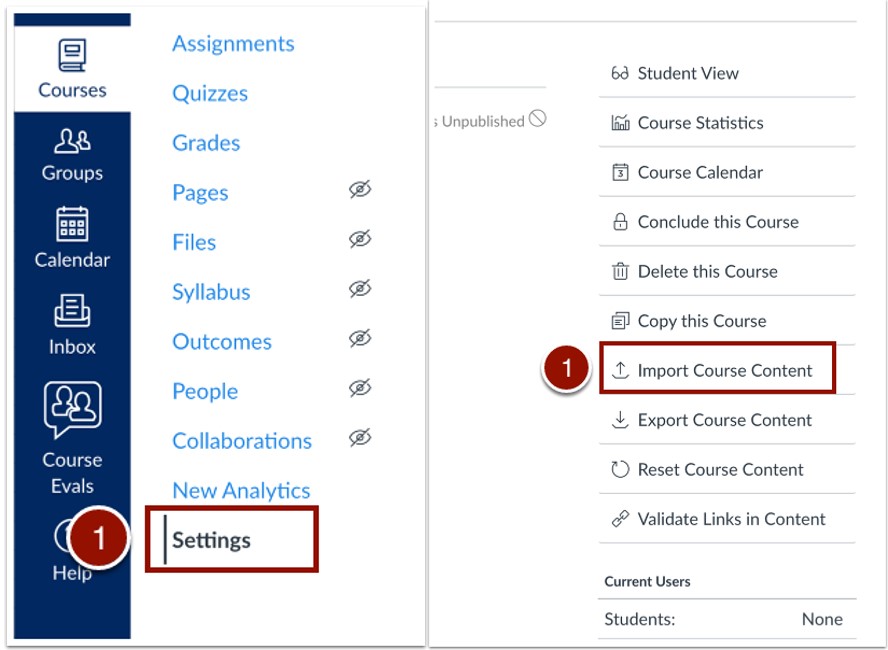 settings Screenshot to show steps to import course content, highlighting to click setting and then import course content in that sequential order
