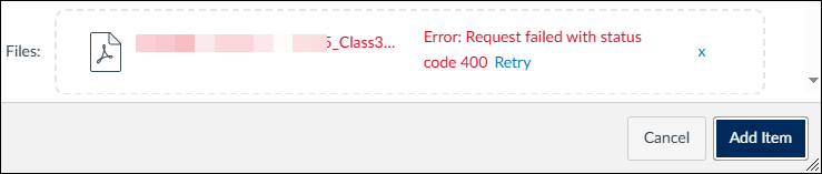 Screenshot of Quercus error message ErrorCode400 indicating course storage is full