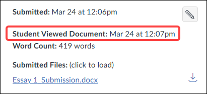 Screenshot of a Quercus assignment submission details panel in SpeedGrader showing “Student Viewed Document: Mar 24 at 12:07pm” shortly after the submission time of 12:06pm.