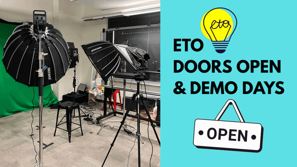 Featured image for ETO Doors Open and Demo Days showing ETO studio space with greenscreen, lightboard and other equipments
