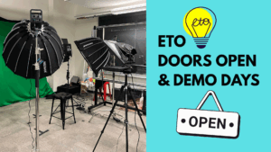 Featured image for ETO Doors Open and Demo Days showing ETO studio space with greenscreen, lightboard and other equipments