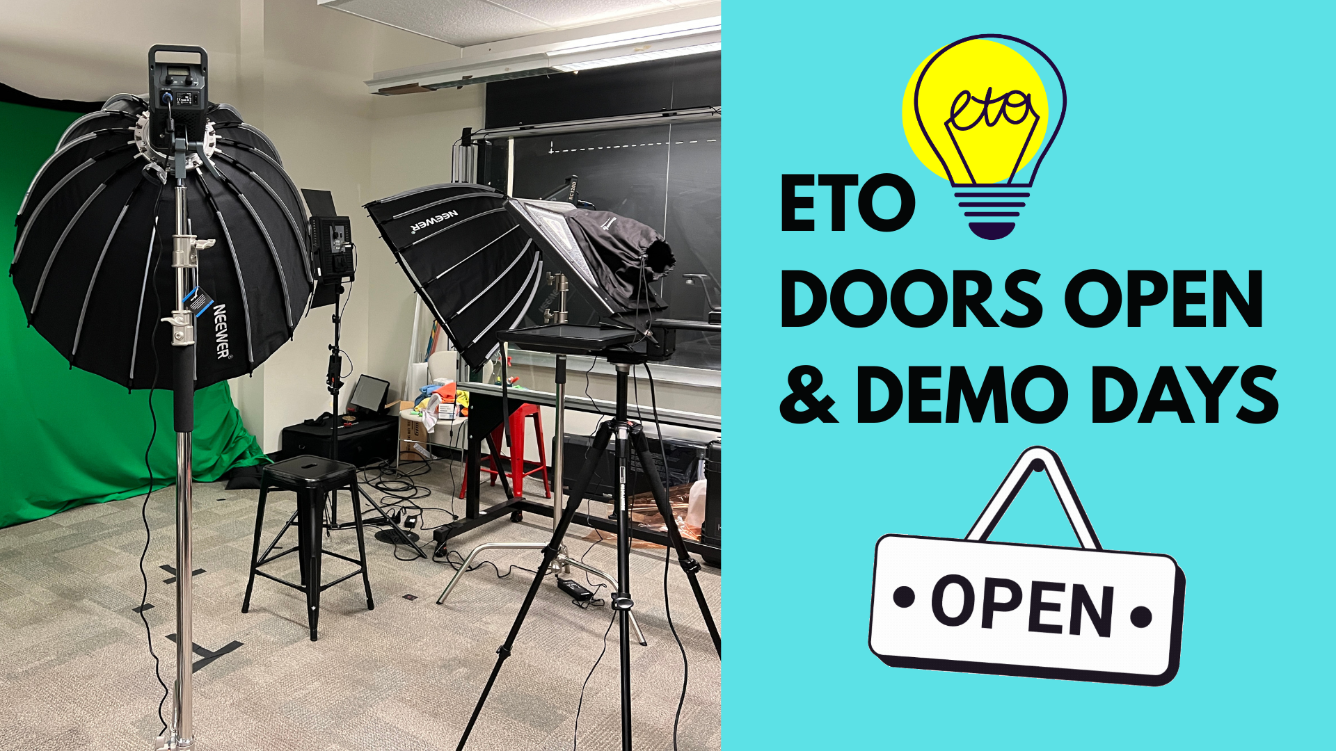 Featured image for ETO Doors Open and Demo Days showing ETO studio space with greenscreen, lightboard and other equipments