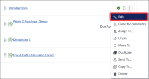 Quercus Discussions Index page showing a dropdown menu with the 'Edit' option highlighted, indicating a new feature for editing discussion items directly from the index page.