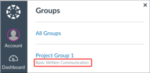 Quercus Group Tray showing course name 'Basic Written Communication' beneath the group name, ‘Project Group 1’, indicating students now see course names associated with their groups.
