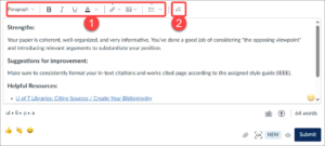Quercus SpeedGrader comments field showing Rich Content Editor formatting options and equation editor.